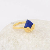 Diamond Shape Lapis Lazuli Gemstone Ring, Micron Gold Plated Silver Ring, Designer Wedding Gift for Her, Delicate Ring, Lapis Cup Cake Ring